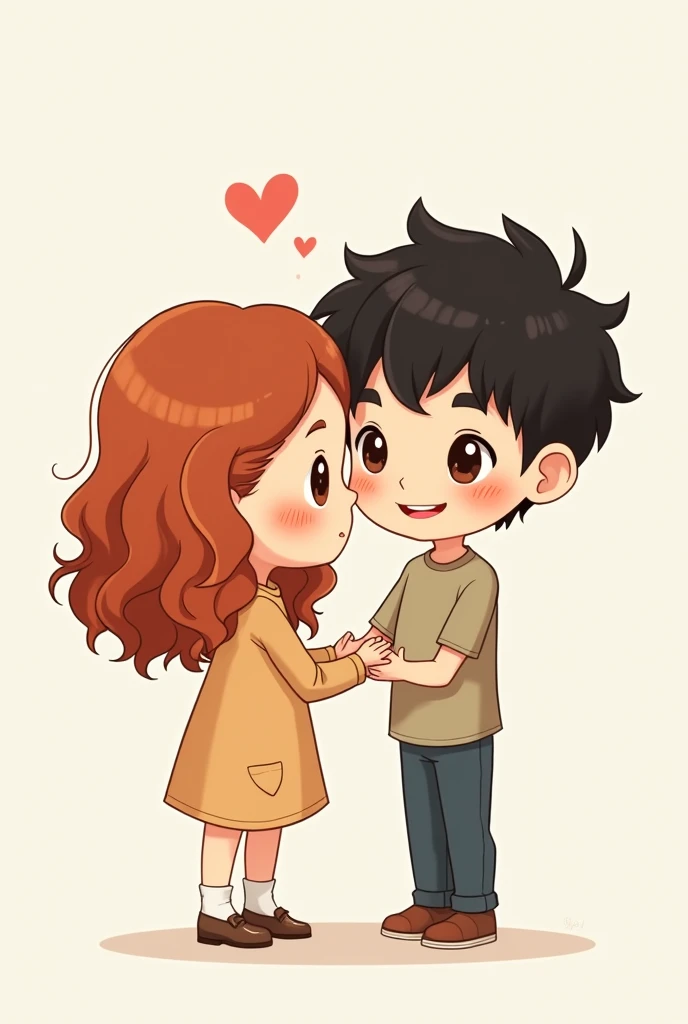 Young woman with curly copper hair, White skin, Brown eyes, with her boyfriend dark straight hair, Brown skin, Chinese race. chibi, tender, funny