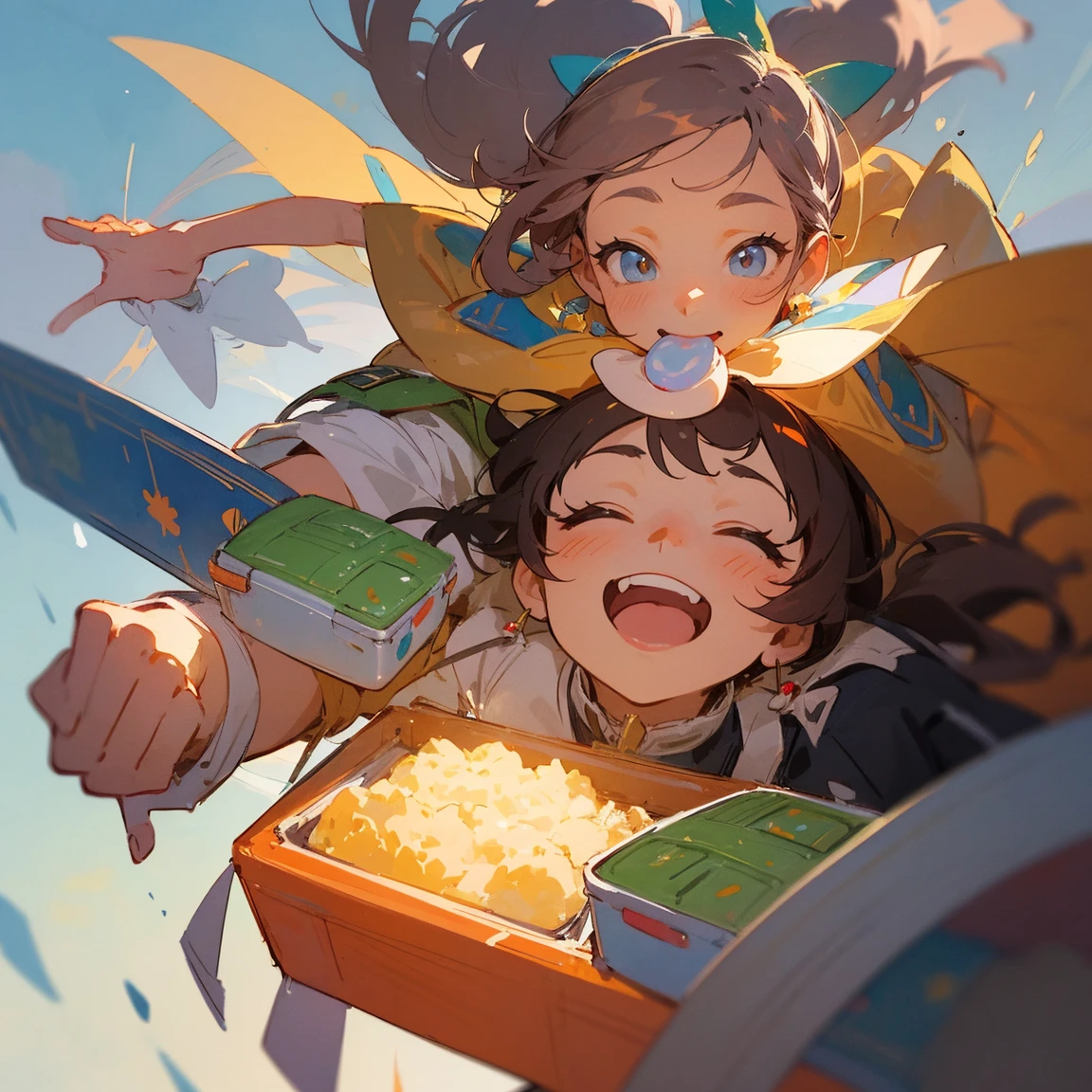 Illustrations for children's picture books,realistic, detailed illustration,A lively town square filled with people of all ages, from children to elderly, eating lunch boxes. Their faces are visibly brightening as they eat, with smiles spreading across their features. Some people are literally bouncing or floating slightly off the ground, as if gravity has lessened its hold on them. The atmosphere is joyful and energetic, with a subtle magical glow surrounding the bento eaters, hand-painted style, digital art touch,(illustration:1.5), (Watercolor:1,2)