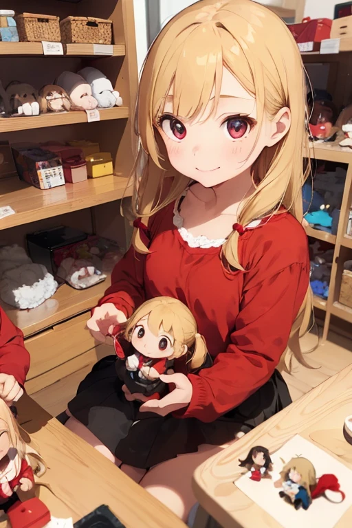 1 female, as , red long sleeve dress, blonde long hair, rosa cheeks, younger body, doll store, playing a dolls, happy face