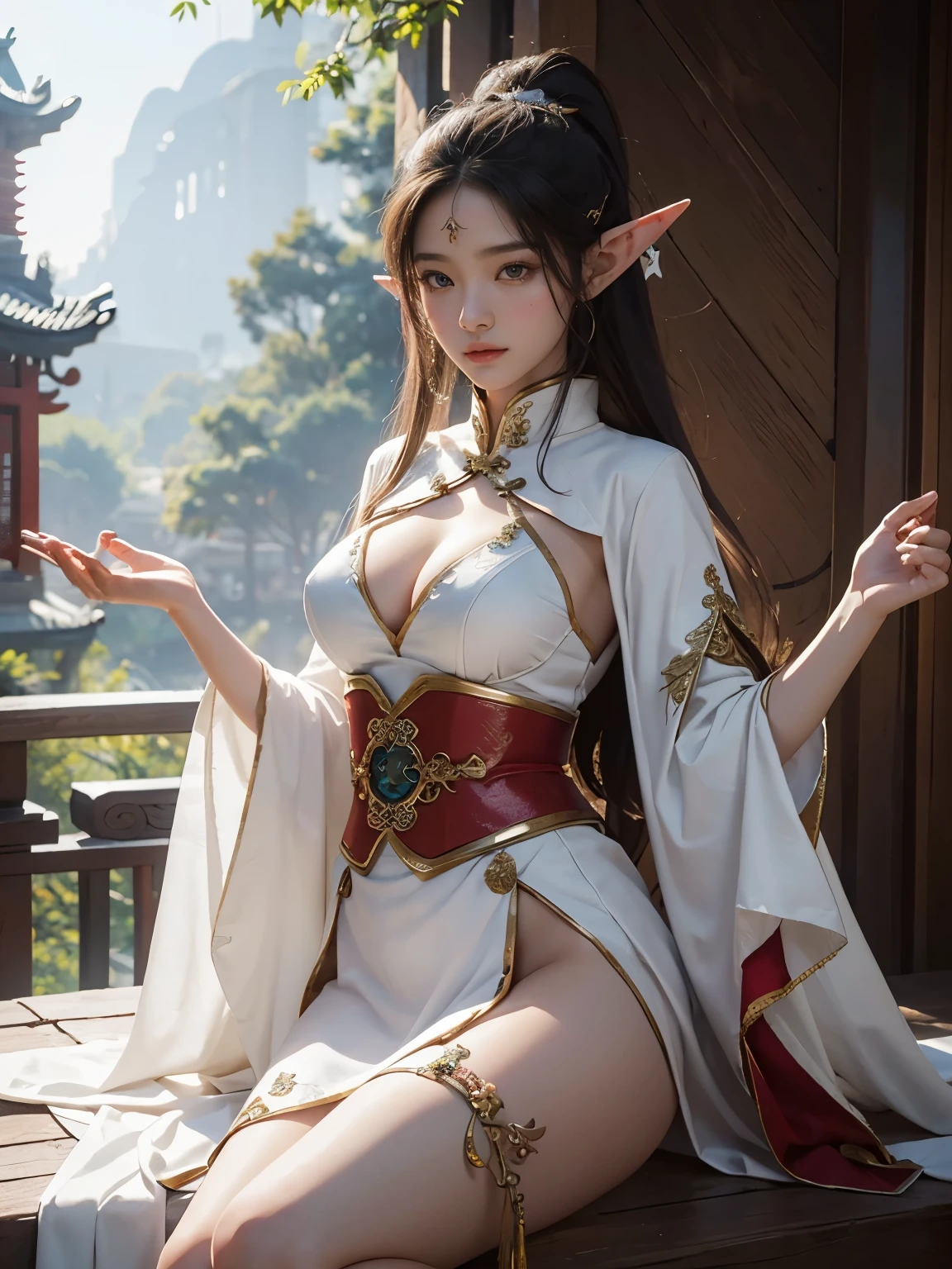 Elf adult female, Sexy body、ancient chinese costume, whole body, sunlight, Clear Face, Clean white background, masterpiece, Super Detail, A magnificent composition, Ultra HD, high quality, Very detailed, Official Art, Uniform 8k wallpaper, Super Detail, 32K