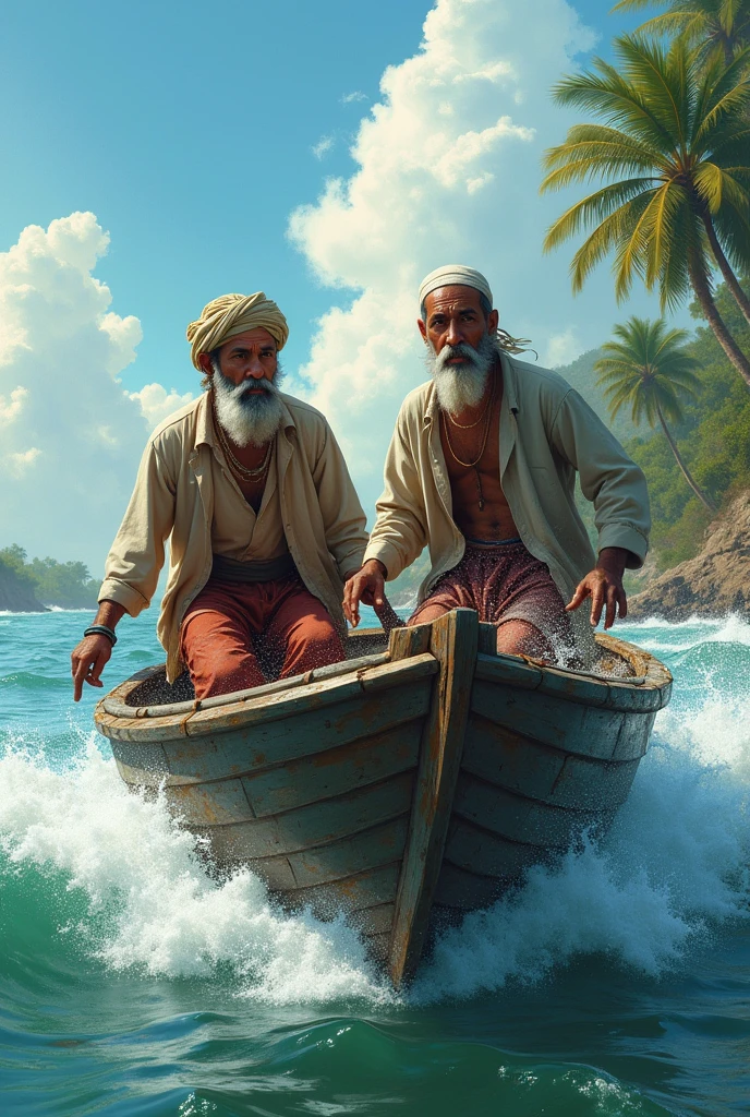 Two fishermen friends from south Asian country old times sailing on a little boat and they get into a accident by hitting a wave then fell from the boat