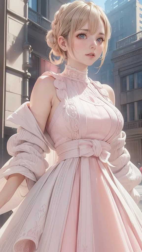 (chignon:1.5), (Blonde with pink inner color), beautiful shining eye color, masterpiece, highest quality,(realistic: 1.4),ultra high resolution, unity 8k, (beautiful and fine eyes:1.6),symmetry, highly detailed face, perfect lighting, (perfect hands, perfect anatomy), (city background:1.3), ((maxi knit dresses and gown coats:1.3))
