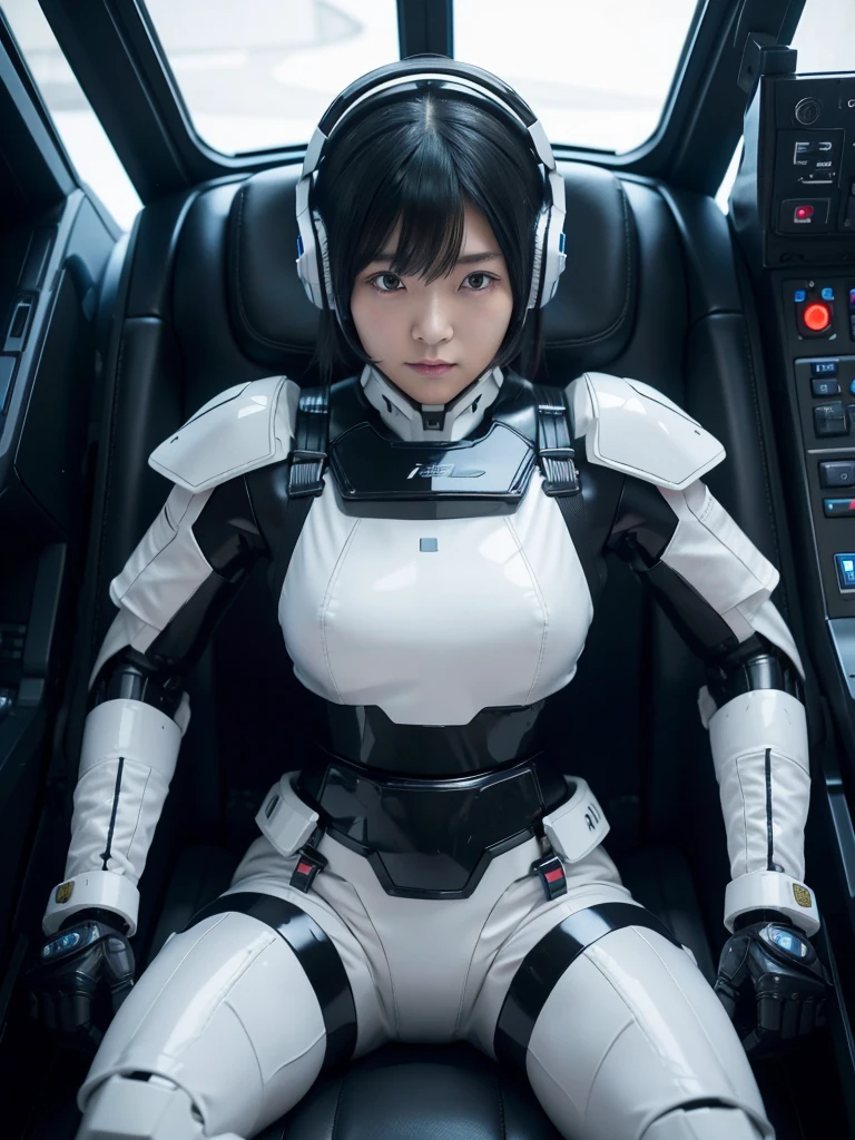 Japanese female android,Black Hair,The spaceship's cockpit,Secured to the seat with a thick harness,Wearing a headset,Plump,Slightly thicker,Spread your legs,Squat,White robot suit,Robotic arms and legs,Surrounded by switches and monitors,