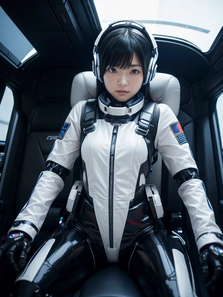 Japanese female android,Black Hair,The spaceship's cockpit,Secured to the seat with a thick harness,Wearing a headset,Plump,Slightly thicker,Spread your legs,Squat,White robot suit,Robotic arms and legs,Surrounded by switches and monitors,