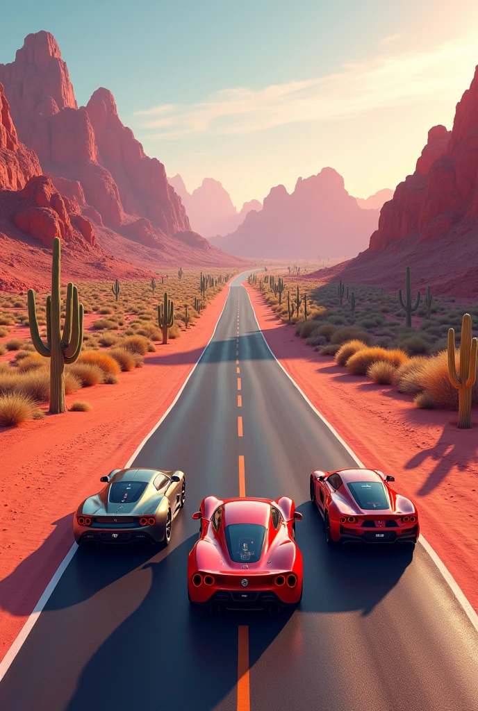
Create a multi-lane race track in the Mexican desert with mountains and cacti in the background. Everything is in golden pink tones. In the foreground, place three racing cars that are in the same lane. The cars should be small. Cars should be parked nearby. One racing lane must be free