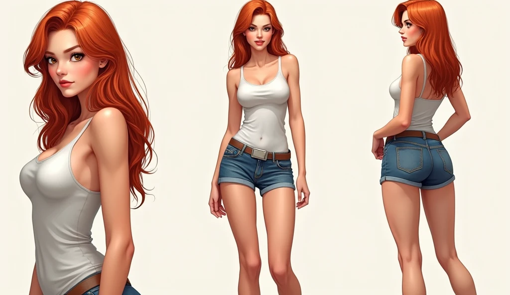 multiple views of the same character, model sheet, Character Sheet: Close-up of a very beautiful, woman in detailed shorts and t-shirt, ((character concept art)), ((character design sheet, same character)), casual style clothes, expert high detail concept art, (((long reddish-blonde hair and captivating eyes, athletic slim body, medium breasts.))), tank top, jean shorts, plain background