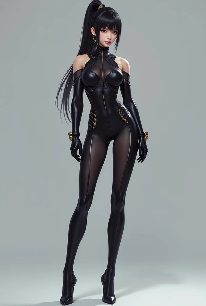 Eve, stellar blade, 8k,highres, 1girl, front lighting, simple background, gray background, looking at the viewer, bodysuit, black hair and dark black hair, fringe, hair tied in ponytail style, video game, heels, gloves, boobs, honey colored eyes, white skin, korean, She has straight bangs that frame her face, Her deep, captivating black eyes contrast with her soft