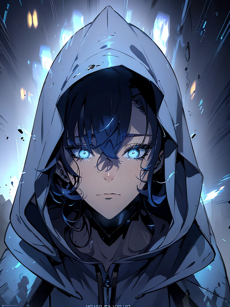 a person in a blue hoodie, hooded figure, detailed face, beautiful eyes, long eyelashes, detailed facial features, detailed clothing textures, dynamic pose, moody lighting, cinematic lighting, dramatic colors, digital art, concept art, hyper-realistic, 8K, photorealistic, highly detailed, masterpiece, award winning, by artstation
