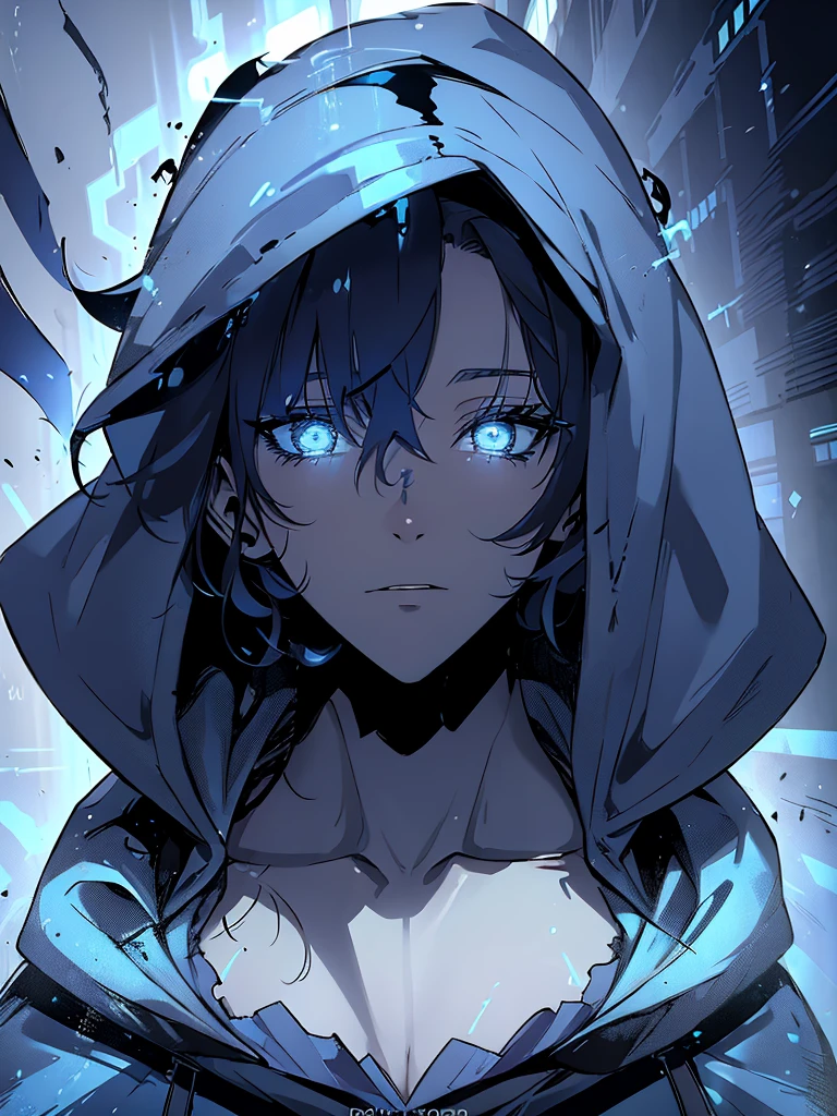 a person in a blue hoodie, hooded figure, detailed face, beautiful eyes, long eyelashes, detailed facial features, detailed clothing textures, dynamic pose, moody lighting, cinematic lighting, dramatic colors, digital art, concept art, hyper-realistic, 8K, photorealistic, highly detailed, masterpiece, award winning, by artstation