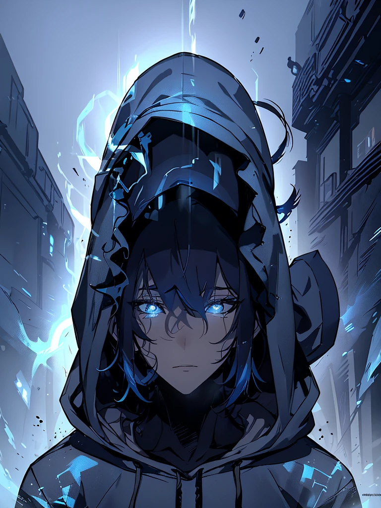 a person in a blue hoodie, hooded figure, detailed face, beautiful eyes, long eyelashes, detailed facial features, detailed clothing textures, dynamic pose, moody lighting, cinematic lighting, dramatic colors, digital art, concept art, hyper-realistic, 8K, photorealistic, highly detailed, masterpiece, award winning, by artstation