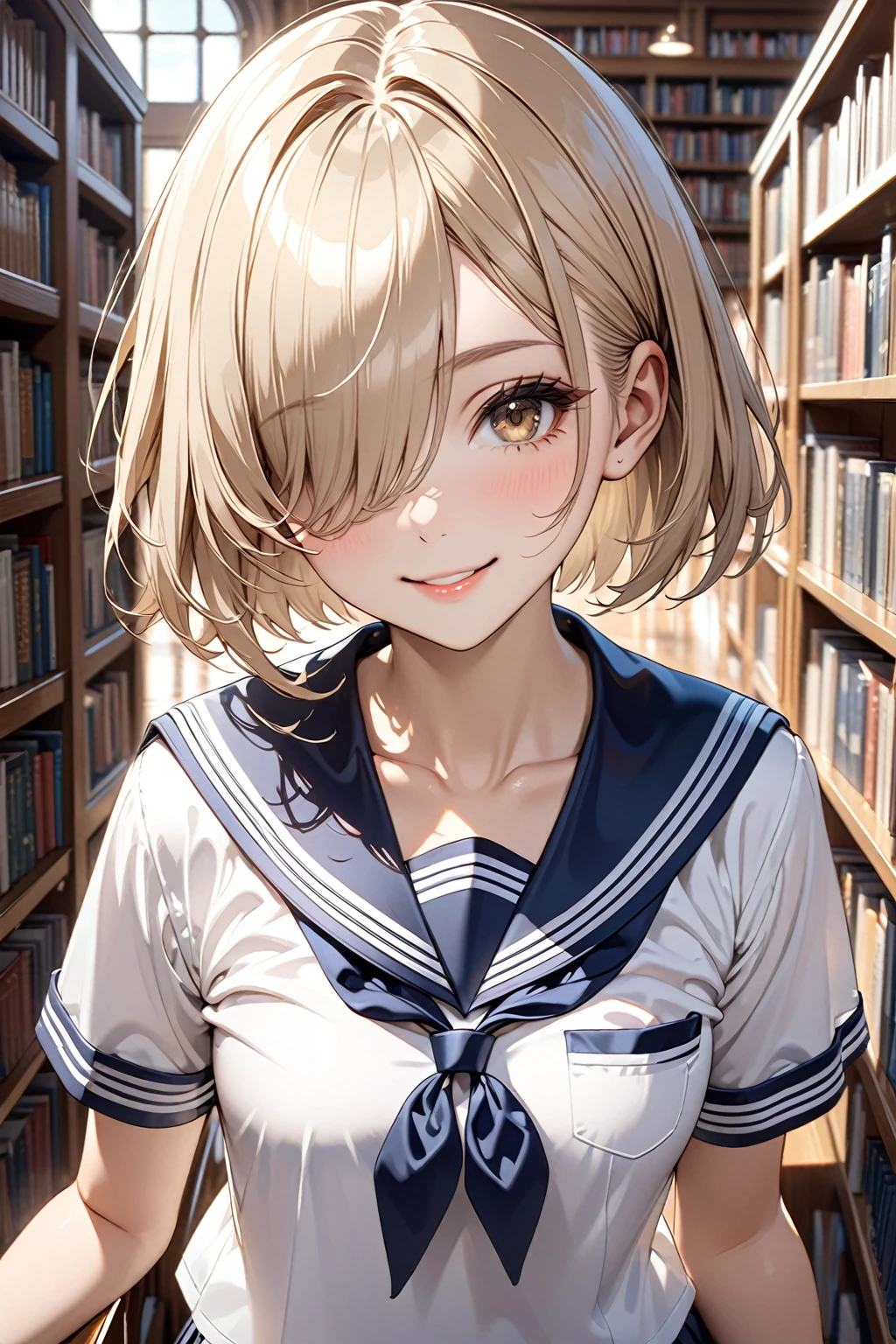 masterpiece,highest quality,32K,ultra detailed,young woman,flat chest,light brown eyes,light makeup,fair skin,shiny skin,smile,silky hair,hair over one eye,pixie cut,straight hair,beige hair,school uniform,sailor suit,short sleeve,library