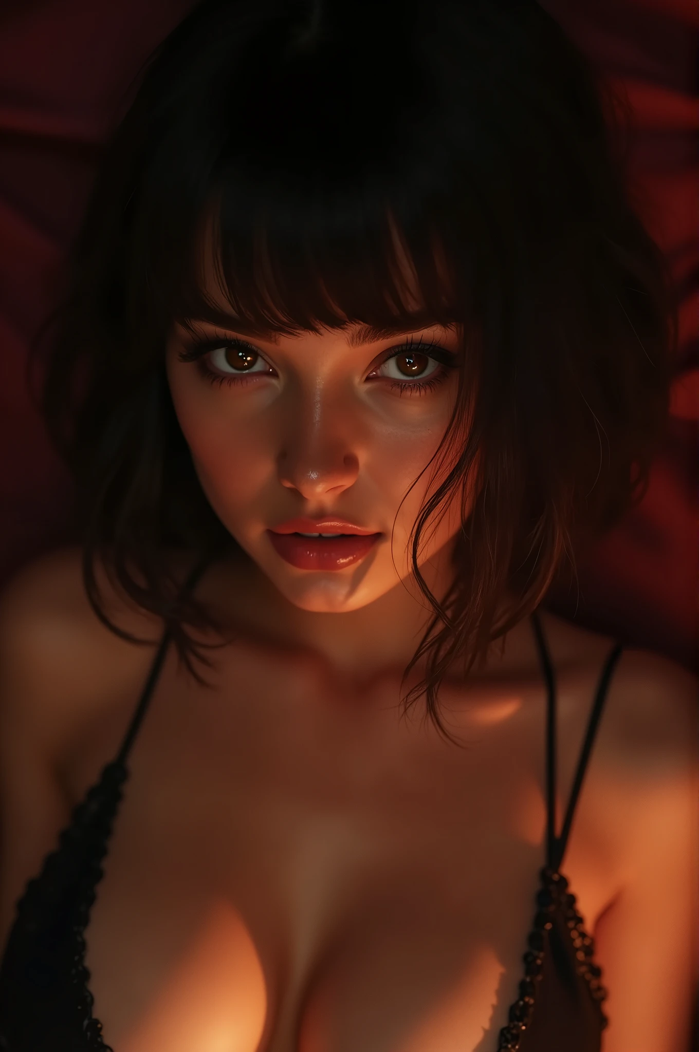 A girl with short hair with red bra with big boobs without bra