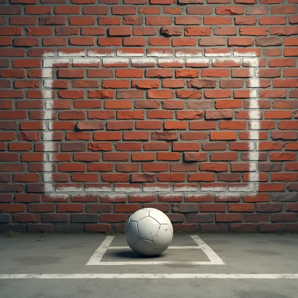 brick wall with a goal drawn on it and a soccer ball on the ground