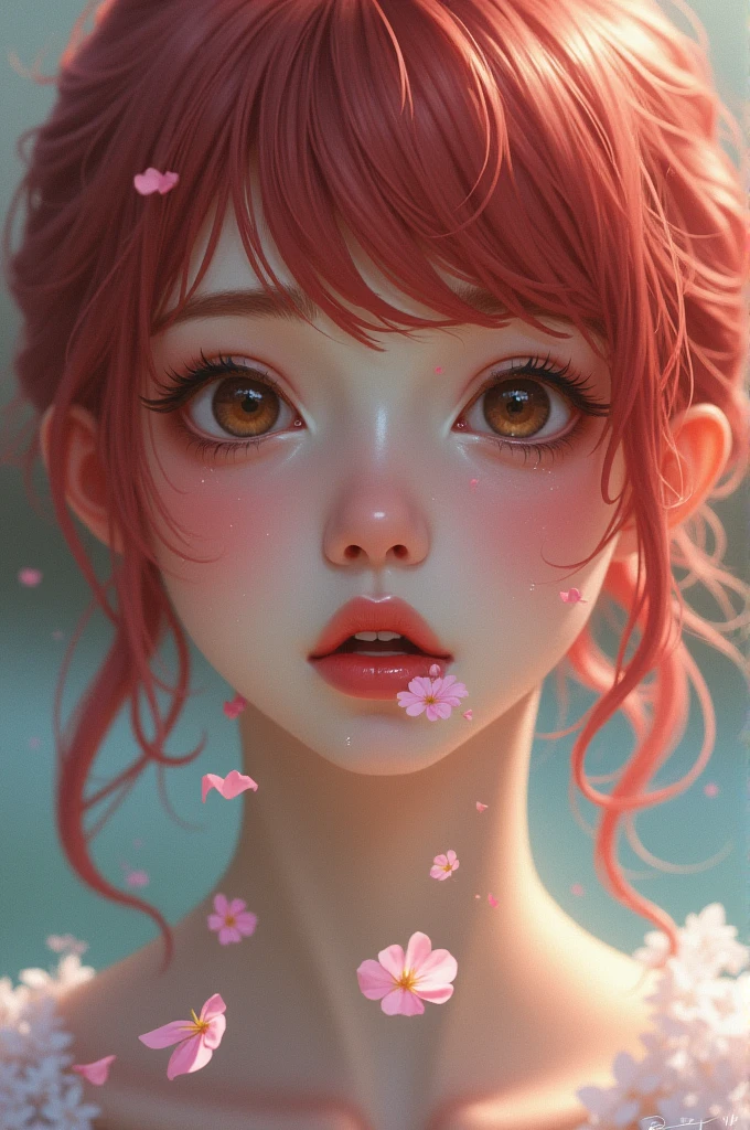 Girl with cherry colored hair,and light brown eyes,spits flower petals with tears
