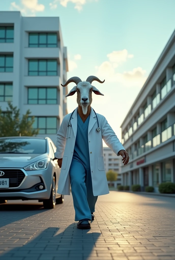 Panoramic view of a hospital with a goat who is a doctor with a white coat, blue pants, black shoe outside (sur la cour) from the hospital opening the door of his car.