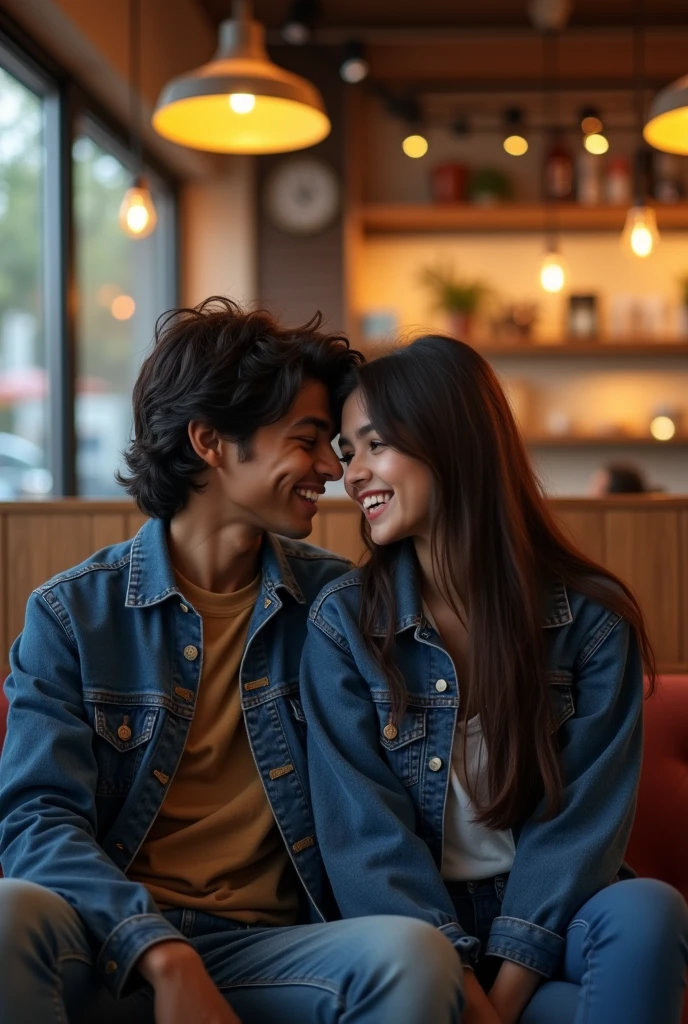 A 20 years old  young indian boy with medium long hair wearing denim jacket and seating with his 20 years old young girlfriend with long hair who's wearing blue jacket and both are seating in a starbucks coffee shop.