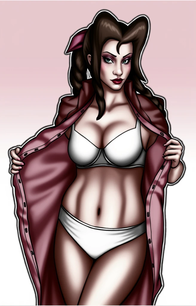 (masterpiece, best quality)), ((((perfect anatomy)))), Caucasian woman with long brown braided hair, pink hair bow, dark eye-shadow, dark red lipstick, opening up pink dress, red jacket , (((white cotton bikini panties))), white bra, smiling, (((realistic art style)))