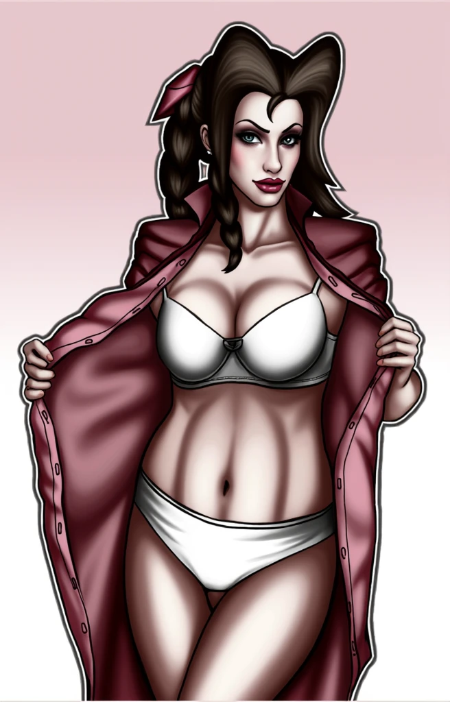 (masterpiece, best quality)), ((((perfect anatomy)))), Caucasian woman with long brown braided hair, pink hair bow, dark eye-shadow, dark red lipstick, opening up pink dress, red jacket , (((white cotton bikini panties))), white bra, smiling, (((realistic art style)))