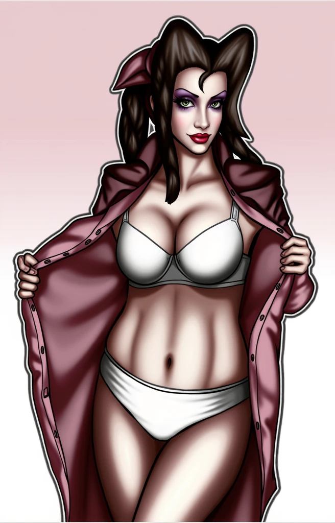 (masterpiece, best quality)), ((((perfect anatomy)))), Caucasian woman with long brown braided hair, pink hair bow, dark eye-shadow, dark red lipstick, opening up pink dress, red jacket , (((white cotton bikini panties))), white bra, smiling, (((realistic art style)))