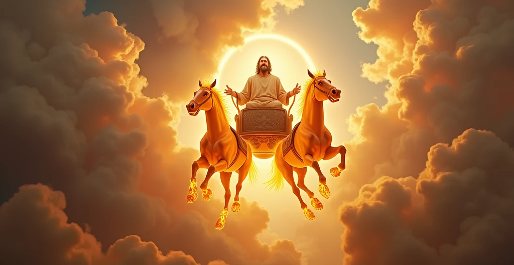 face of a Hebrew Lord, a chariot of fire, in flames, taken to heaven in flames, realistic fire horses, landscape, biblical story, 4k