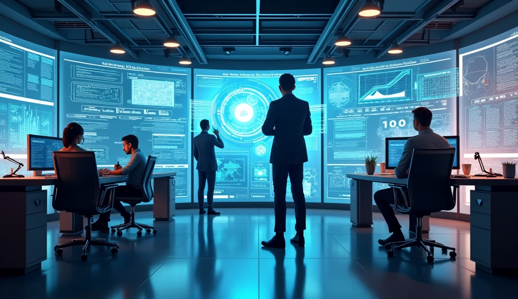 "Emerging industries: AI, data science, digital marketing"
A futuristic office setting with professionals working on AI algorithms, data analytics, and digital marketing on large screens, emphasizing the shift toward new industries.