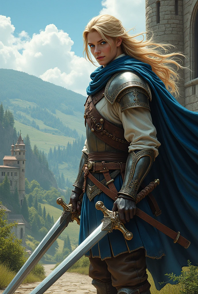 Magic powers going back in time realistic landscape swordsman with blue eyes and blond hair going back in time.