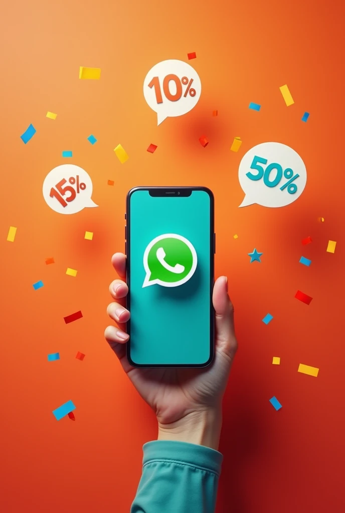 Generate an Instagram Reels visual (1080px x 1920px) that promotes a WhatsApp group focused on finding and sharing discounts and promo codes. The central element is a hand holding a smartphone with the WhatsApp app open, surrounded by digital confetti and price tags with bold, eye-catching discount percentages. The background should be a gradient of warm colors like orange and red, creating a sense of urgency and excitement. Add text that says 'Unlock Savings - Join Our WhatsApp Group!' with a playful, inviting font.