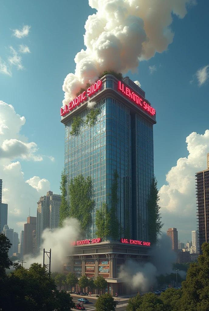 Je voudrai un énorme building à Los Angeles avec marquer (l.a exotic.shop) et sur le toit du building un énorme joint qui fait beaucoup de fumer avec une pluie de cannabis