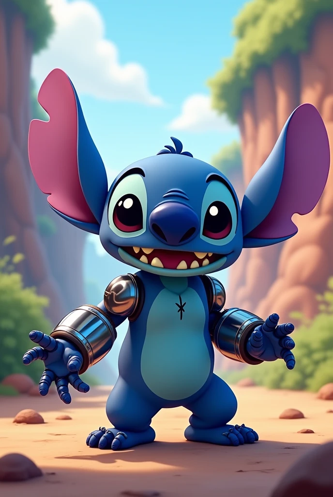 Stitch with mecha arm 
cartoon style 