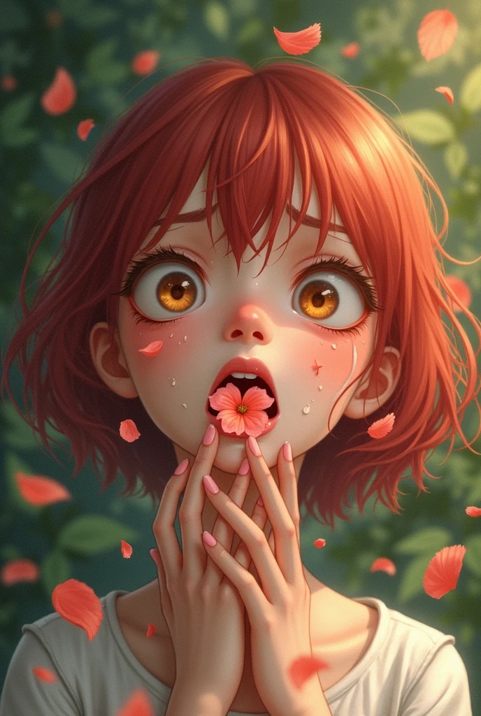 A girl with cherry-colored hair and light brown eyes spits flower petals with tears.