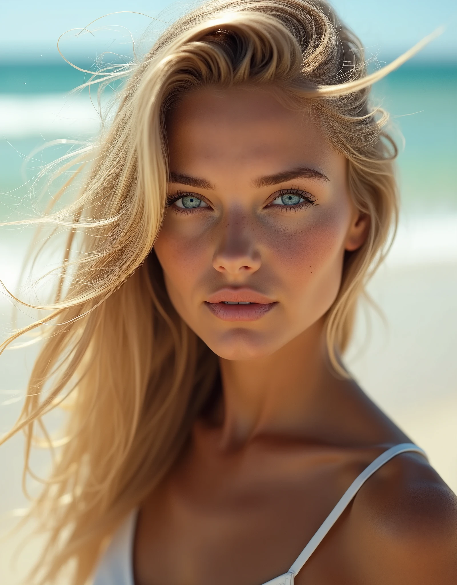 a unparalleled pretty girl with windblown blonde hair, glowing blue eyes, insane highly detailed realistic portrait, top masterpiece, beach background, high detailed lighting, little smile, porcelain white skin, cinematic lighting, volumetric lighting, stunning, beautiful, awe-inspiring, dramatic, epic