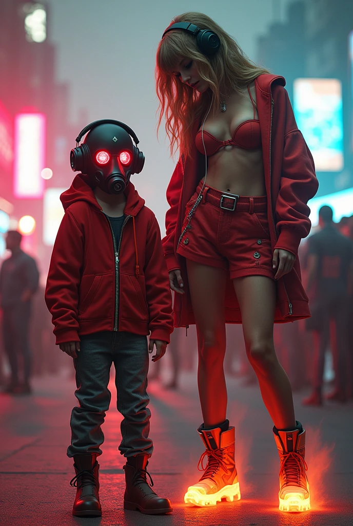 Taylor Swift, realistic, big breasts, full body & Youg boy with red hoodie, headphones, Star-lord helmet, rocket boots, gas helmet, covered mouth, round red eyes, front cover, Dj, mask, fire in boots, free hair, party.