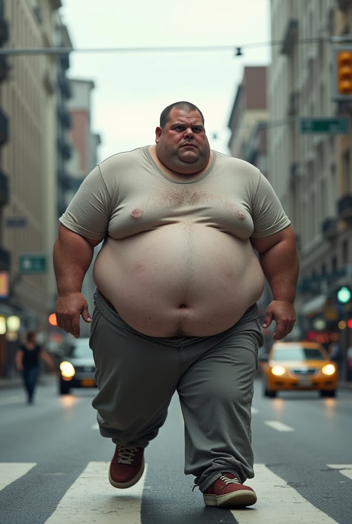 (photorealism:1.2), Morbidly Obese white man crossing a road