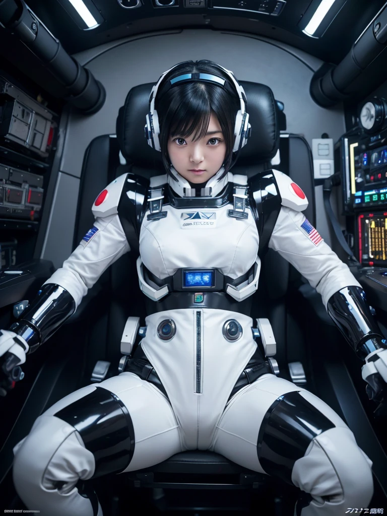 Japanese female android,Black Hair,Space station cockpit,Secured to the seat with a thick harness,Wearing a headset,Plump,Slightly thicker,Spread your legs,Squat,White robot suit,Robotic arms and legs,Surrounded by switches and monitors,