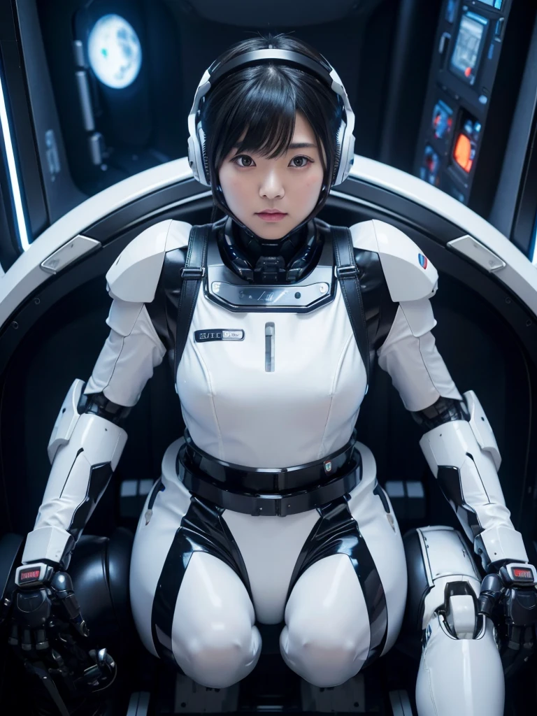 Japanese female android,Black Hair,Space station cockpit,Secured to the seat with a thick harness,Wearing a headset,Plump,Slightly thicker,Spread your legs,Squat,White robot suit,Robotic arms and legs,Surrounded by switches and monitors,