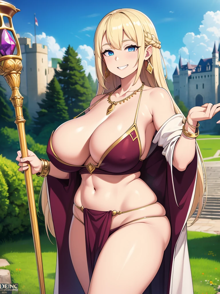 (best quality,4k,8k,highres,masterpiece:1.2), ultra-detailed, UHD, studio lighting, ultra-fine painting,sharp focus, physically-based rendering, extreme detail description, professional, vivid colors, bokeh, sexy woman, mature, milf, huge breasts, large breasts, curvy, voluptuous, blonde hair, sky-blue eyes, long hair, short robes (fantasy desing), loincloth, bracelets, necklace, earrings, great white staff, grinning, dynamic pose, solo focus, castle, outdoors