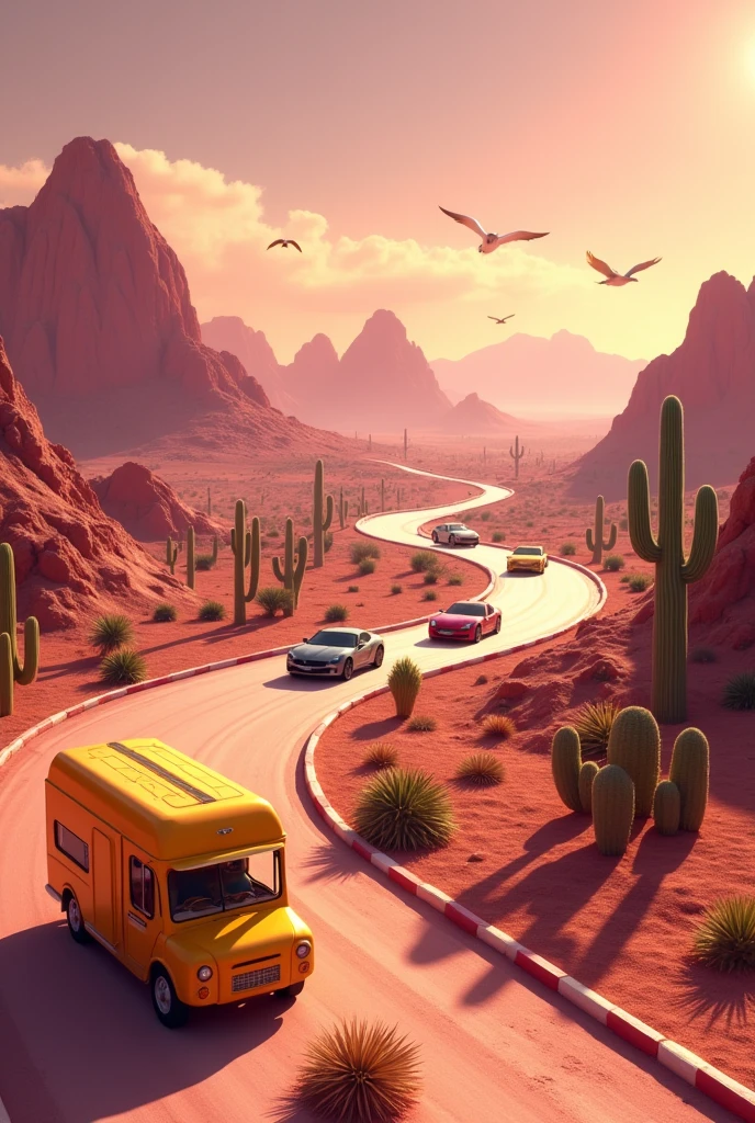 Create a twisty racing track with fashionable cars in the Mexican desert, they are driving forward in the background, the background of mountains, cacti. There is a playground in the foreground. Everything is in golden pink tones. On the front of that picture stays yellow food truck