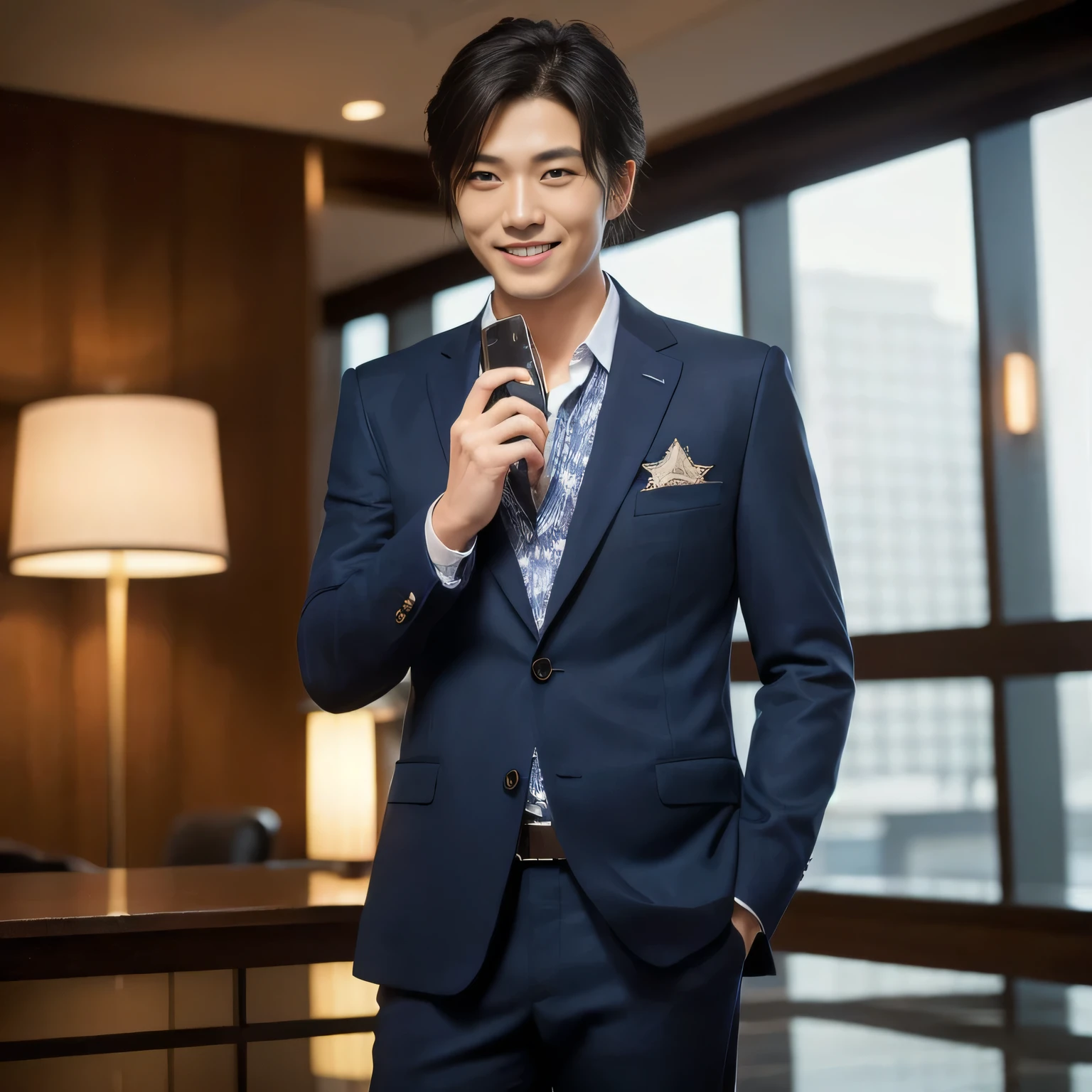 ((masterpiece:1.5))、Japanese man with short black hair:1.7、((Make a call on your smartphone:1.5))、((smile))、((Dark blue suit:1.5))((Cowboy Shot:1.4))、((hotel lobby:1.4))、