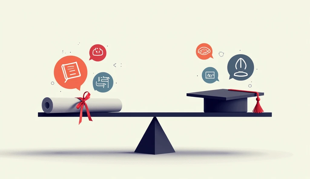 "Skills vs. Degrees"
A scale balancing two sides: one side with a college diploma, the other side with icons of skills like coding, problem-solving, and adaptability. The skills side is heavier, showing the value shift.