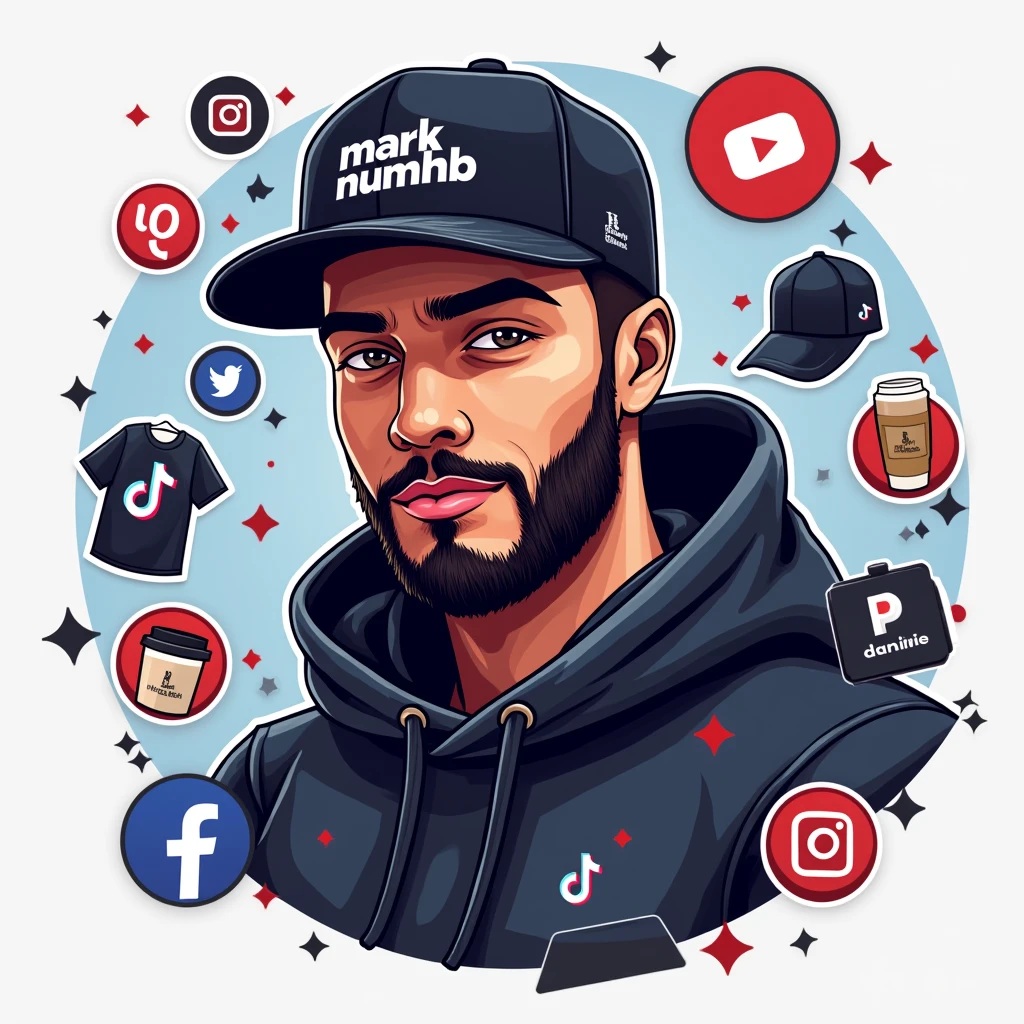 Create a social media profile photo for A young man with a beard and black basketball hat with the logo "Mark Numhb " with Facebook icon,Twitter icon ,Instagram icon ,twitter icon and tiktok icon where the person completes the design and puts them Vectors, Vector T-shirts, Vector Cups, Vector sticker,Vector Caps and Vector Hoodies Sell online