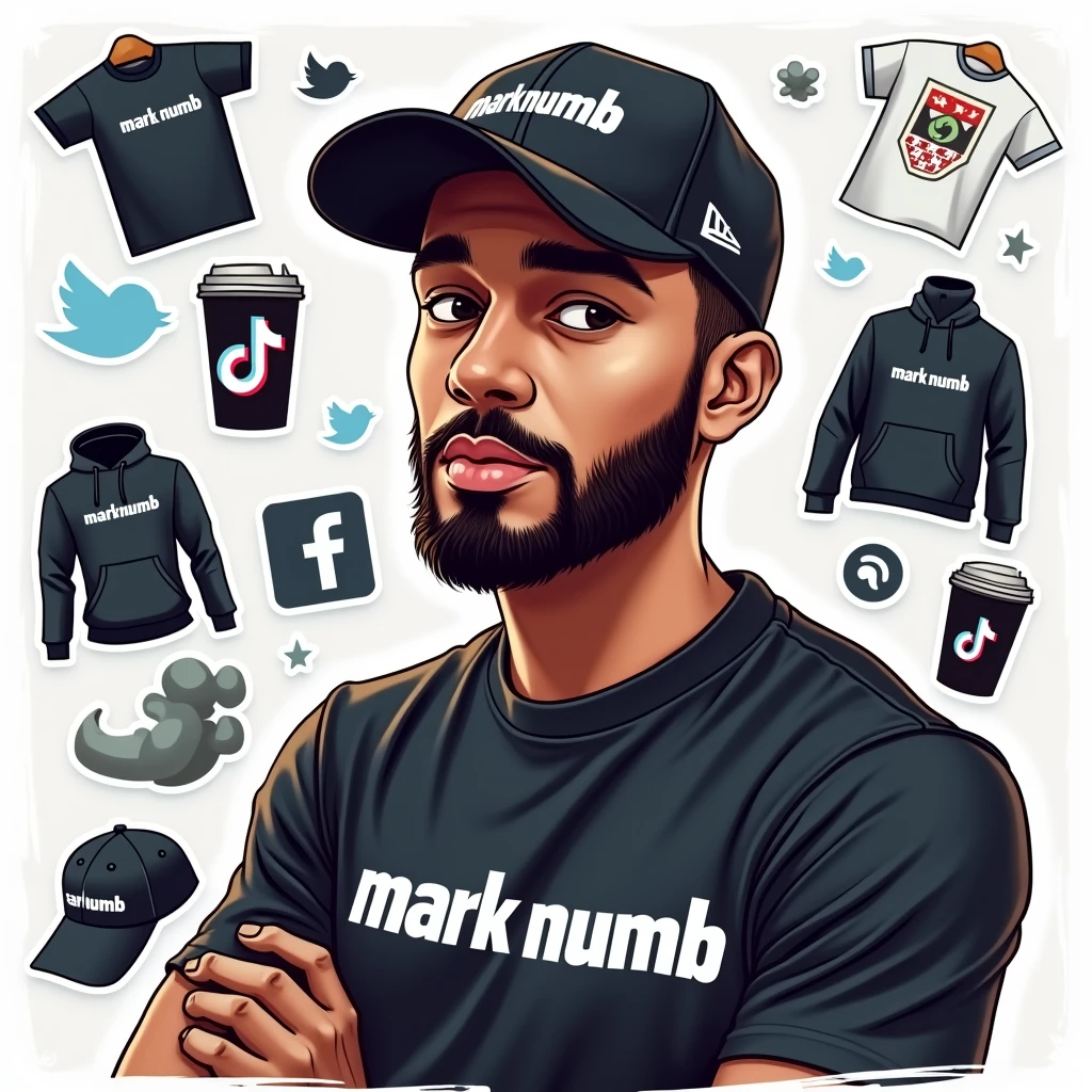 Create a social media profile photo for A young man with a beard and black basketball hat with the logo "Mark Numhb " with Facebook icon,Twitter icon ,Instagram icon ,twitter icon and tiktok icon where the person completes the design and puts them Vectors, Vector T-shirts, Vector Cups, Vector sticker,Vector Caps and Vector Hoodies Sell online