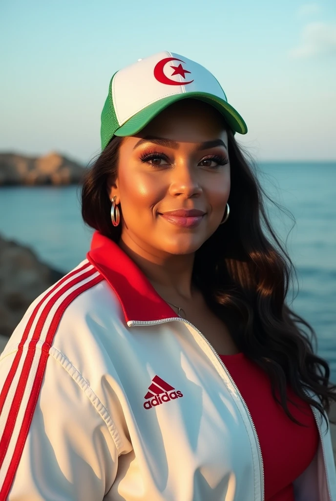 Fat and beautiful woman, wearing a white and red Adidas jacket, and a baseball cap with the Algerian flag, high quality, coastal background, beautiful lighting, perfect clarity of the entire image, sharpness of the face and eyes, complex details 64k 32k HDset  
