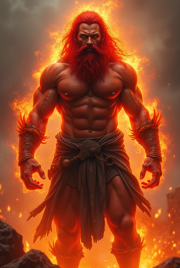 A fire Genasi male, hair red, muscular build, red skin, a dark red bushy beard