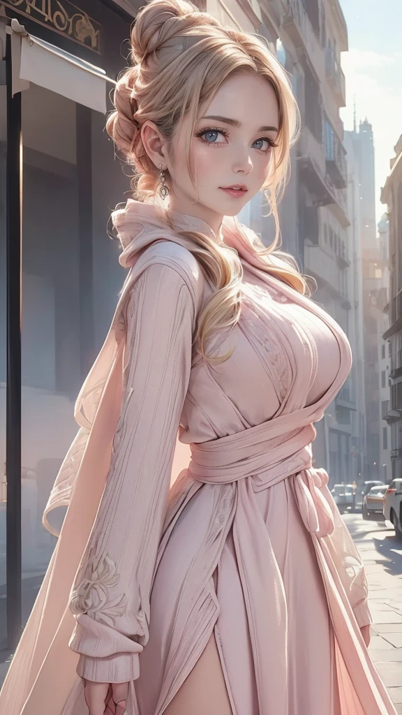 (chignon:1.5), (Blonde with pink inner color), beautiful shining eye color, masterpiece, highest quality,(realistic: 1.4),ultra high resolution, unity 8k, (beautiful and fine eyes:1.6),symmetry, highly detailed face, perfect lighting, (perfect hands, perfect anatomy), (city background:1.3), ((maxi knit dresses and gown coats:1.3))