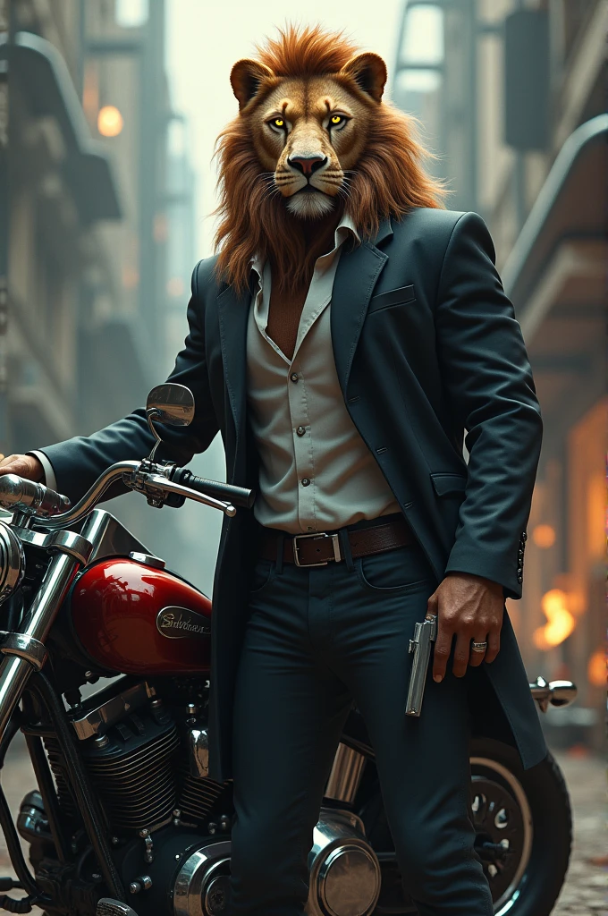 A man with head of lion wearing jacket gun in hand with beautiful bike