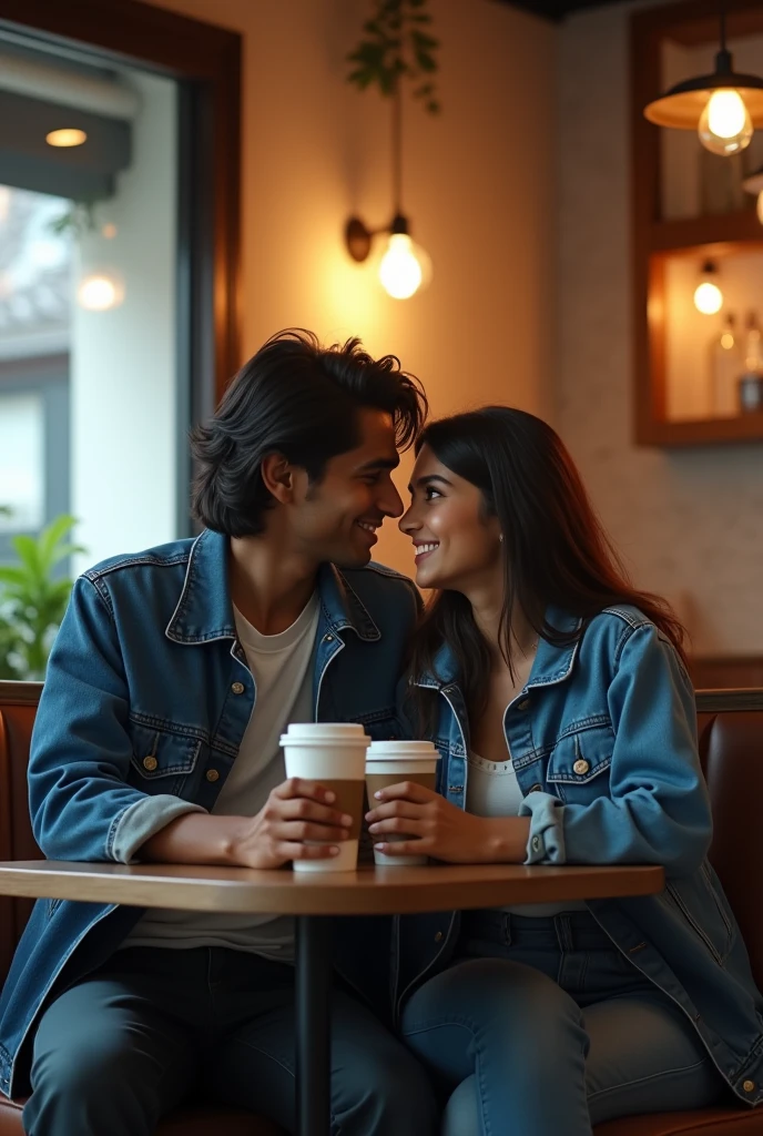 A 20 years old young indian boy with medium long hair wearing denim jacket and seating with his 20 years old young girlfriend with long hair who's wearing blue jacket and both are seating in a starbucks coffee shop.