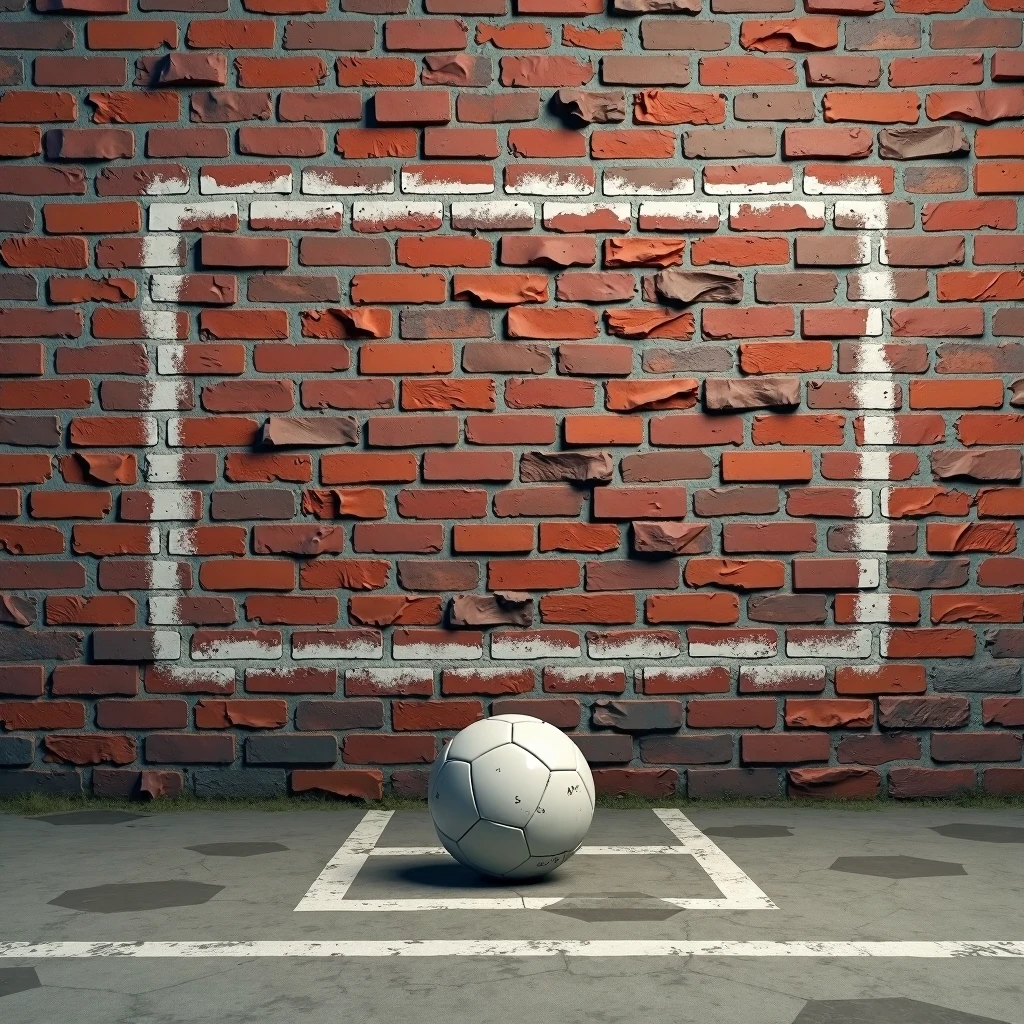 brick wall with a goal drawn on it and a soccer ball on the ground