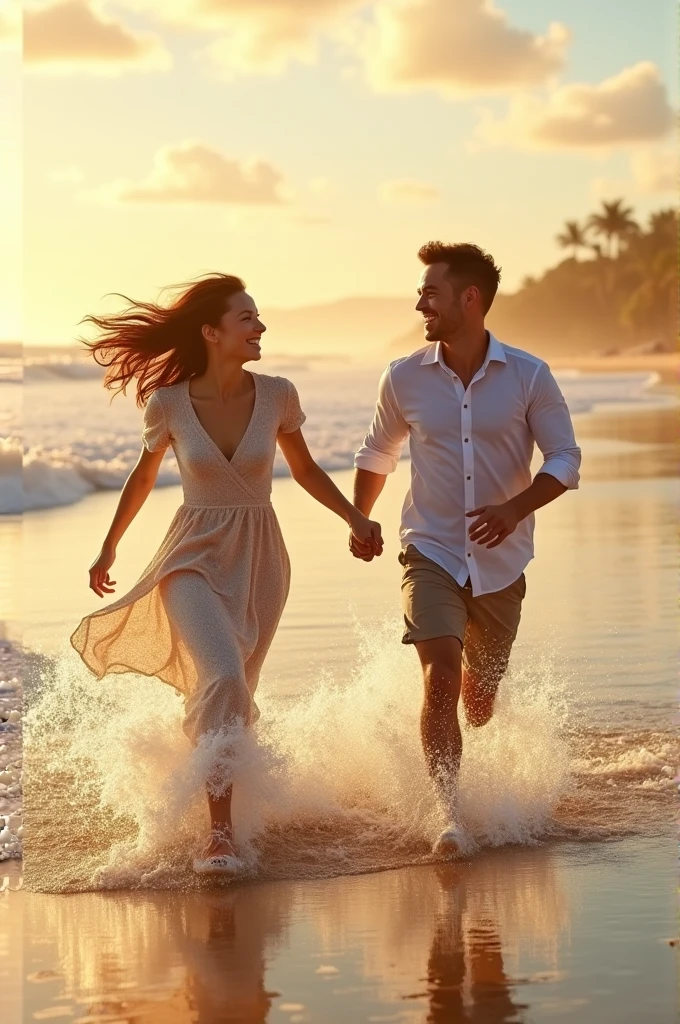 Girl and boy in love running on the beach 