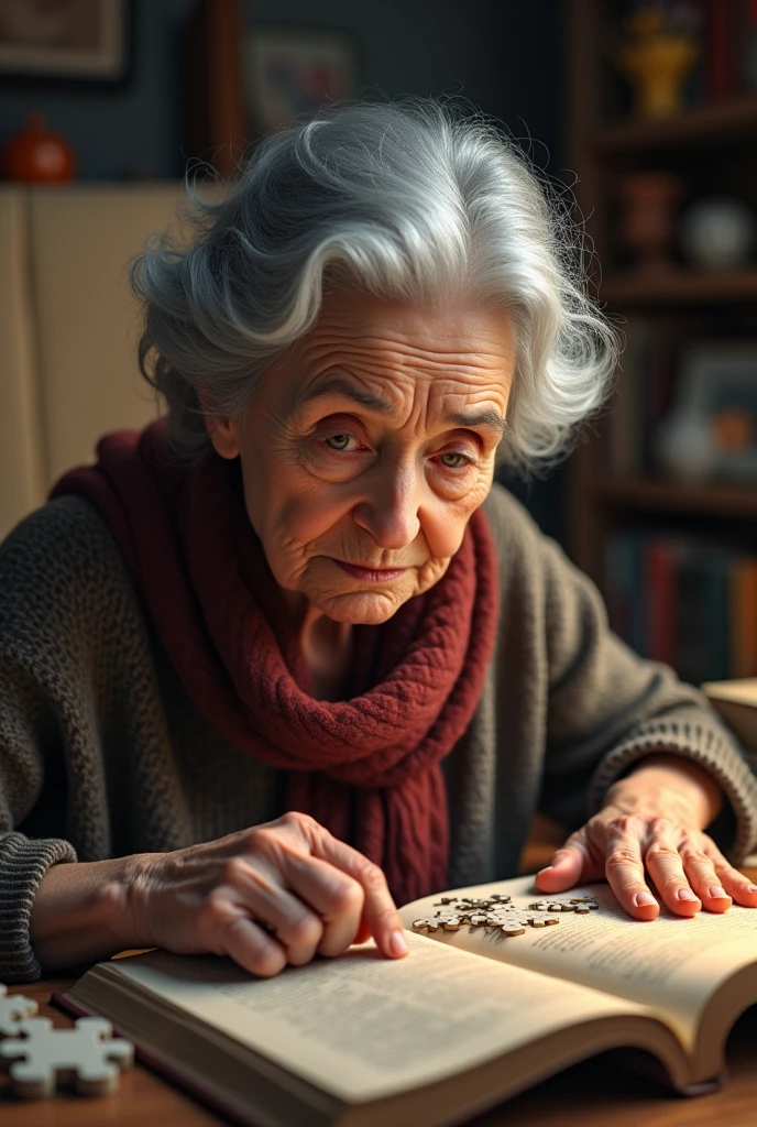 A woman over 60 years old solving a puzzle or reading a book..