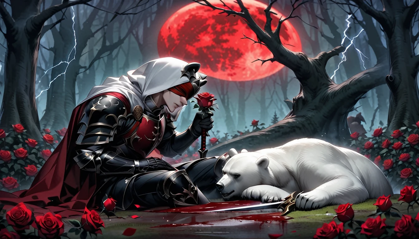 Male knight with a white hood with bear ears with sword behind his back sits on the ground towards a polar bear in a forest while the moon shines, many Roses cover the ground and lightning falls from the sky. The polar bear sleeps in front of the knight. Only the man wears a red blindfold. In the background of the picture is the blood moon and a tree has fallen down in the path. The forest is full of trees with leaves. The armor of the man is black and red roses decorate it. The knight has its sword in his hand.